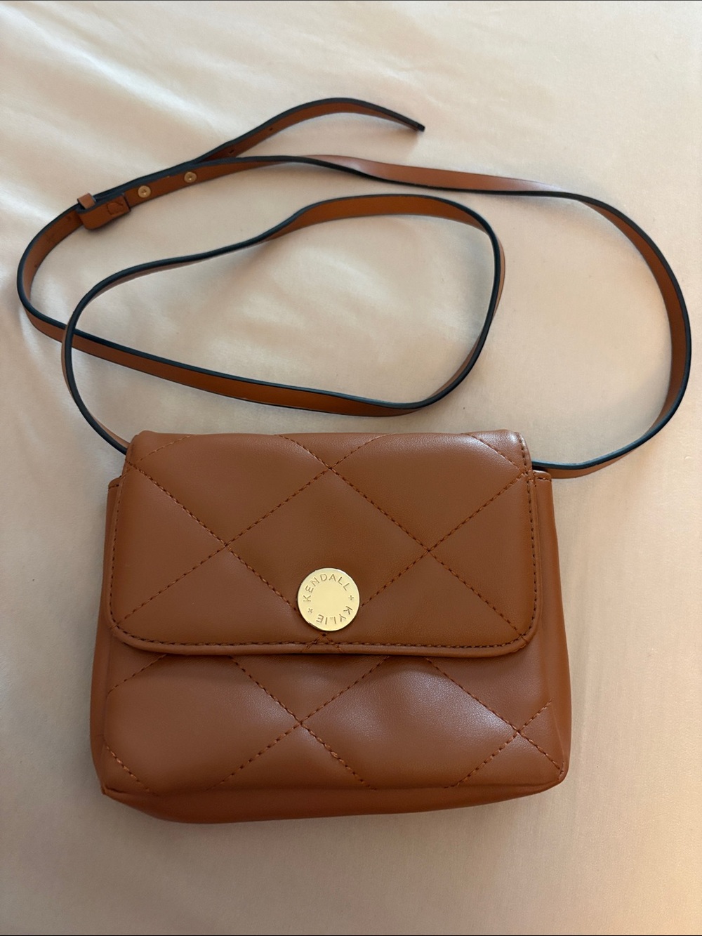 Kendall & Kylie Quilted Cognac Crossbody Bag with Gold Logo Button